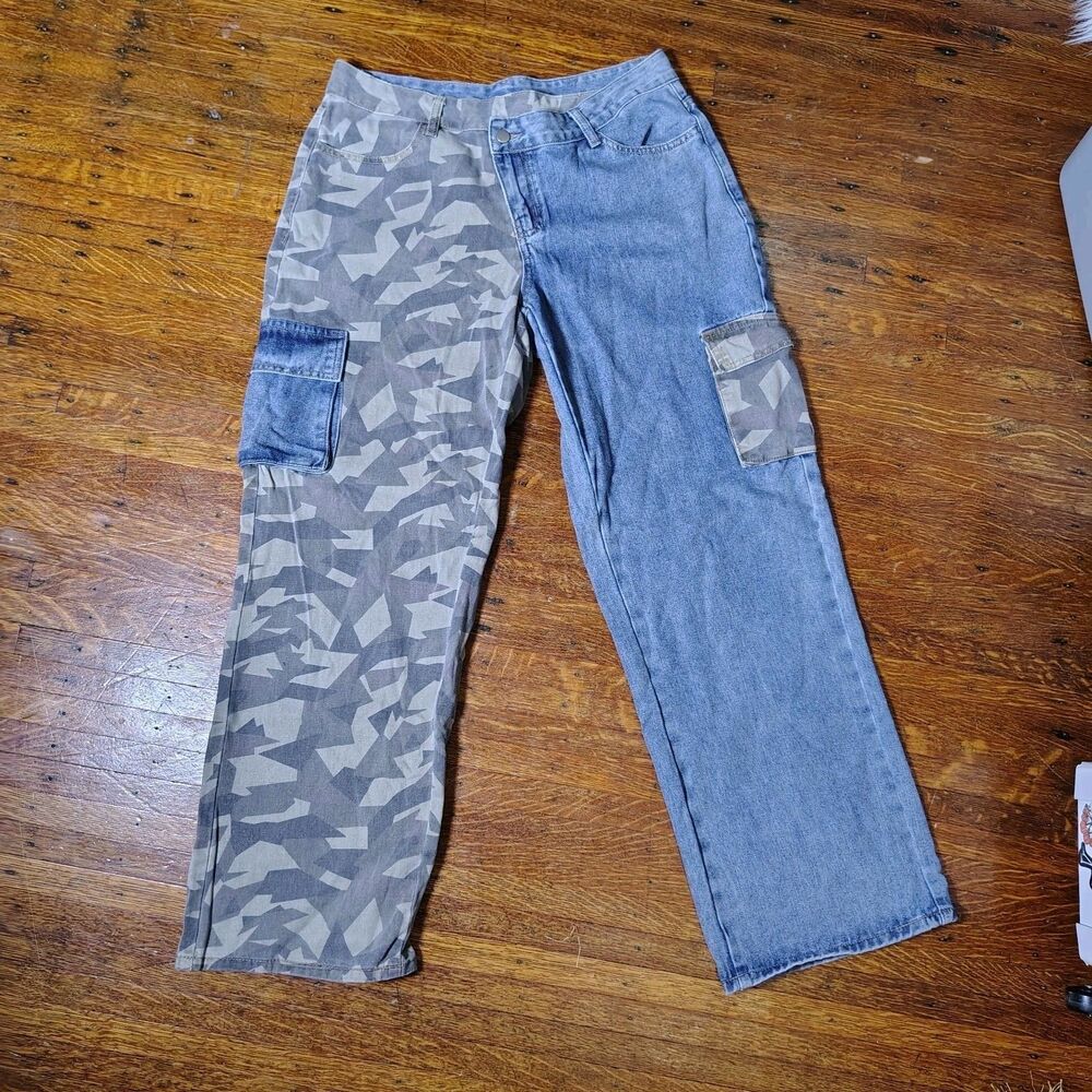 Cargo Denim Half Camouflage Baggy Wide Leg Streetwear Wmns 30x32/T593